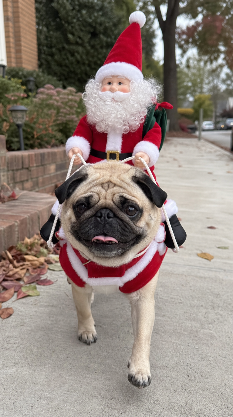 Dog costume with Santa riding